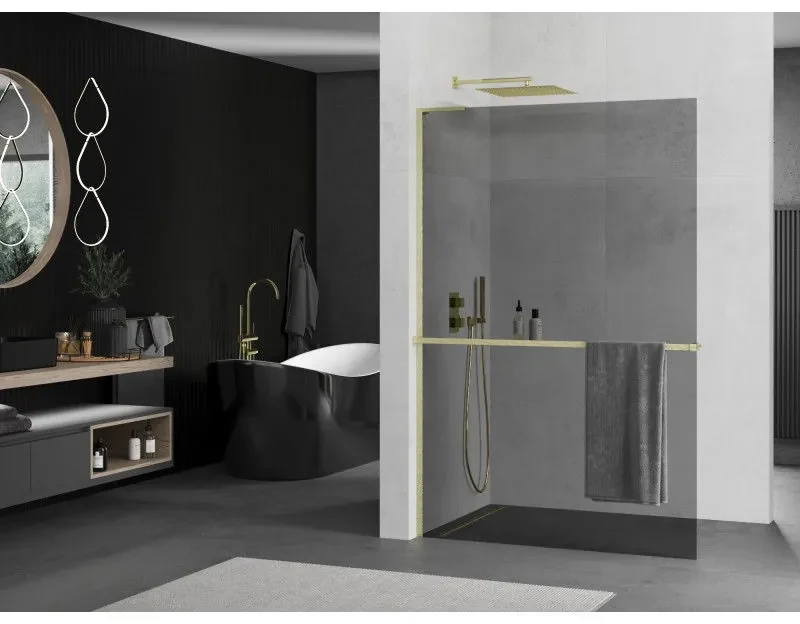 Mexen Kioto+ L, sprchová zástena Walk-In s poličkou a vešiakom 80 x 200 cm, 8mm šedé sklo, zlatý matný profil, 800-080-123-55-40