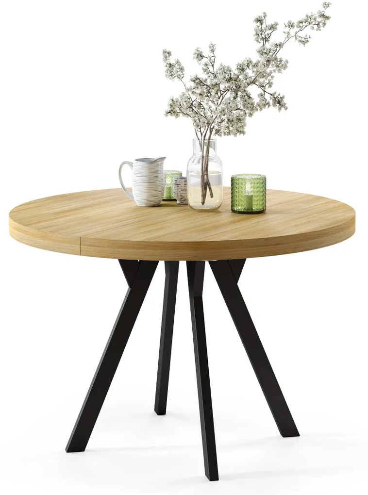 EXPANSO Dub Americký / čierne nohy - VEĽKÝ OKRÚHLY STÔL Ø110 ROZKLADACÍ AŽ DO 310 cm S NOHAMI Y LOFTOVÝ / INDUSTRIÁLNY