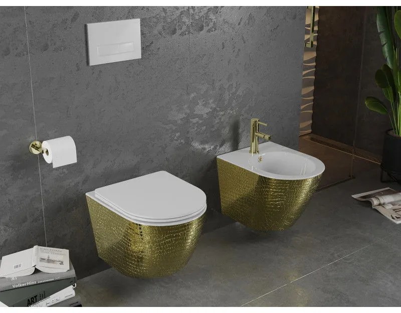 Mexen Lena, závesný bidet 480x370x325 mm, biela - zlatý vzor, 35224808
