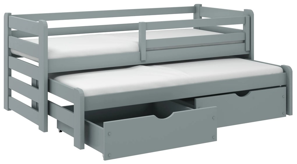 Detská posteľ z masívu SANDRA s prístelkou a šuplíky - 200x90 cm - ŠEDÁ