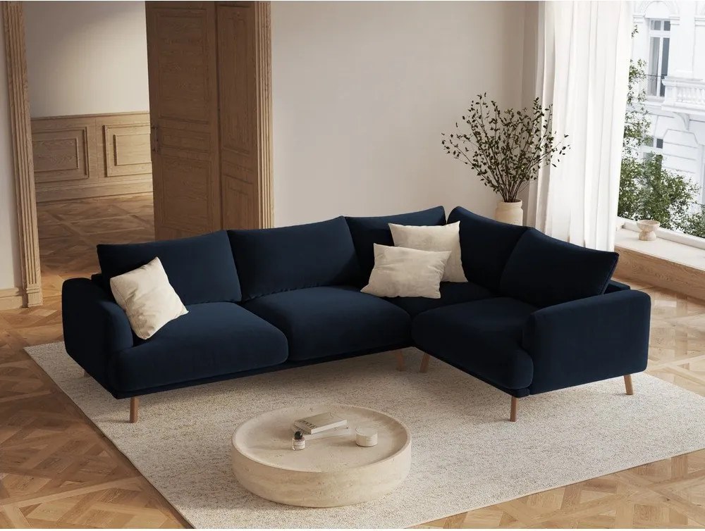 Tmavomodrá zamatová rohová pohovka (pravý roh/do L) Naomi – Micadoni