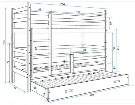 Detská poschodová posteľ s výsuvnou posteľou ERYK 200x90 cm Sivá Biela