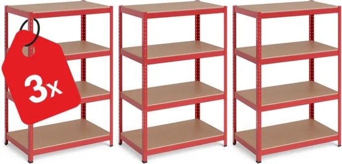 Akcia 3x Regál 150x70x30 cm lakovaný 4-policový, nosnosť 700 kg - červený