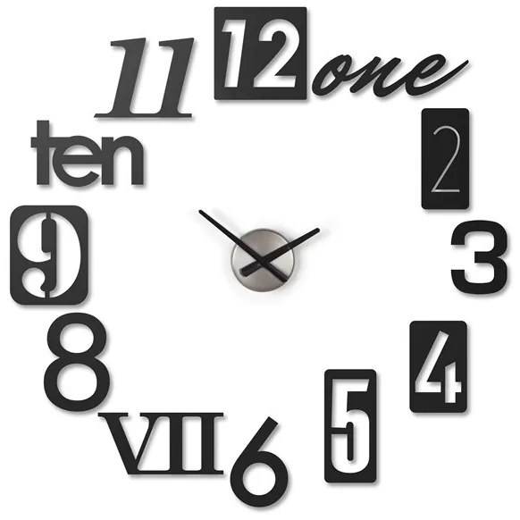 Nástenné kovové hodiny NUMBRA čierne, Umbra, Lisovaná oceľ, čísla v 3 veľkostiach : 22.9 x 7.6 cm, 17.8 x 17.8 cm, 15.2 x 10.2 cm, čierna, strieborna