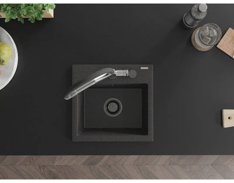 Mexen Milo, granitový drez 435x410x171 mm, 1-komorový a drezová batéria Duo, čierna škvrnitá, 6505-76-671701-07-B