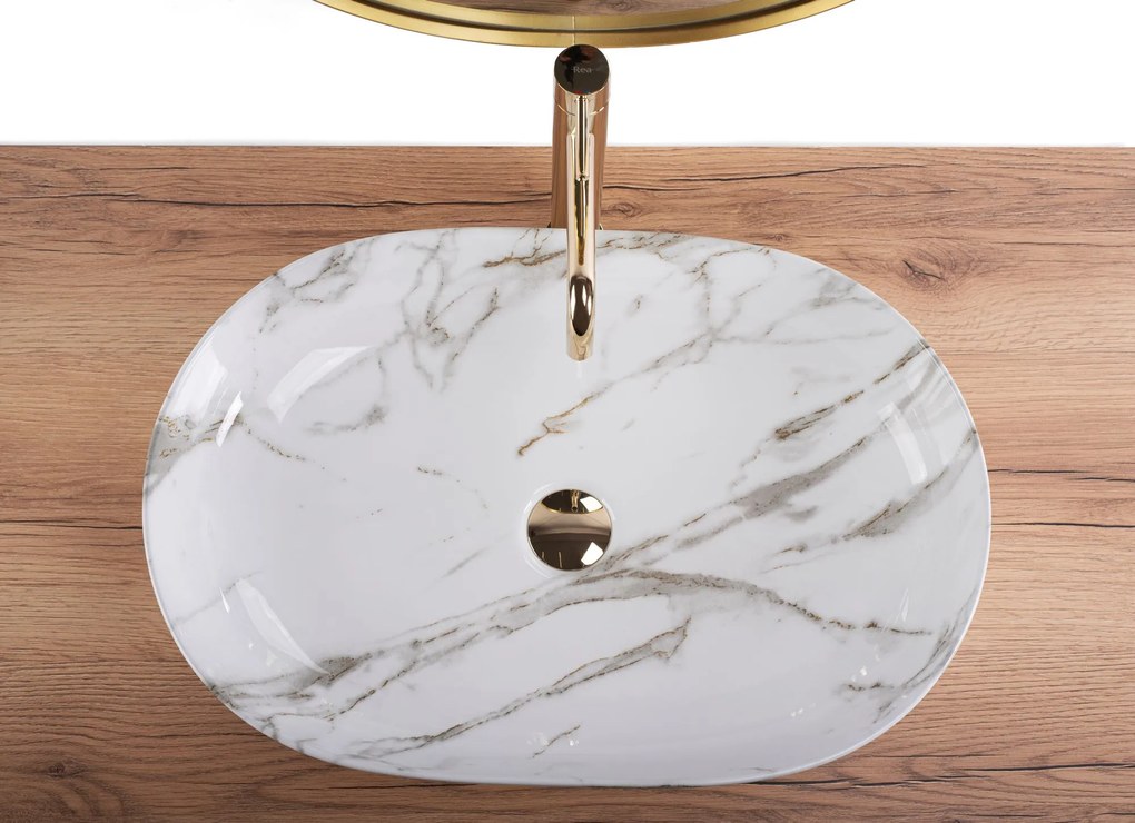 Rea Cleo Aiax, umývadlo na dosku 605x410x120 mm, biela-imitácia kameňa Aiax, REA-U9656