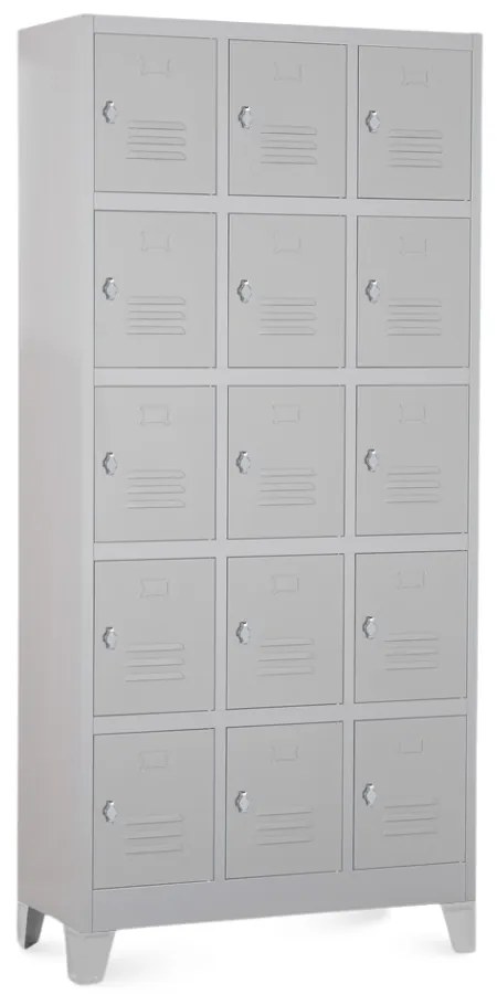Kovová šatníková skrinka - 15 boxov, 90 x 40 x 195 cm, pevné nohy, otočný zámok, svetlo sivá - ral 7035