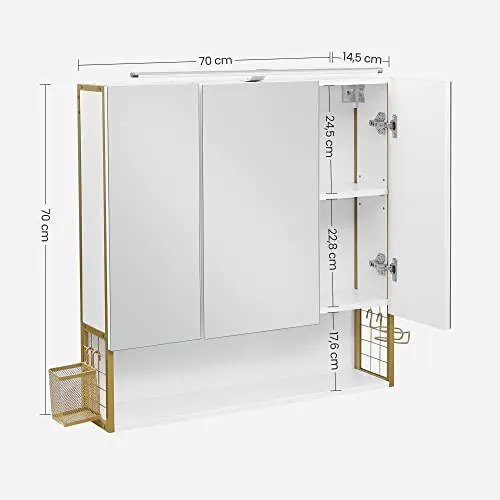 Zrkadlová skrinka do kúpeľne Nástenná skrinka s LED svetlom, biela a zlatá farba