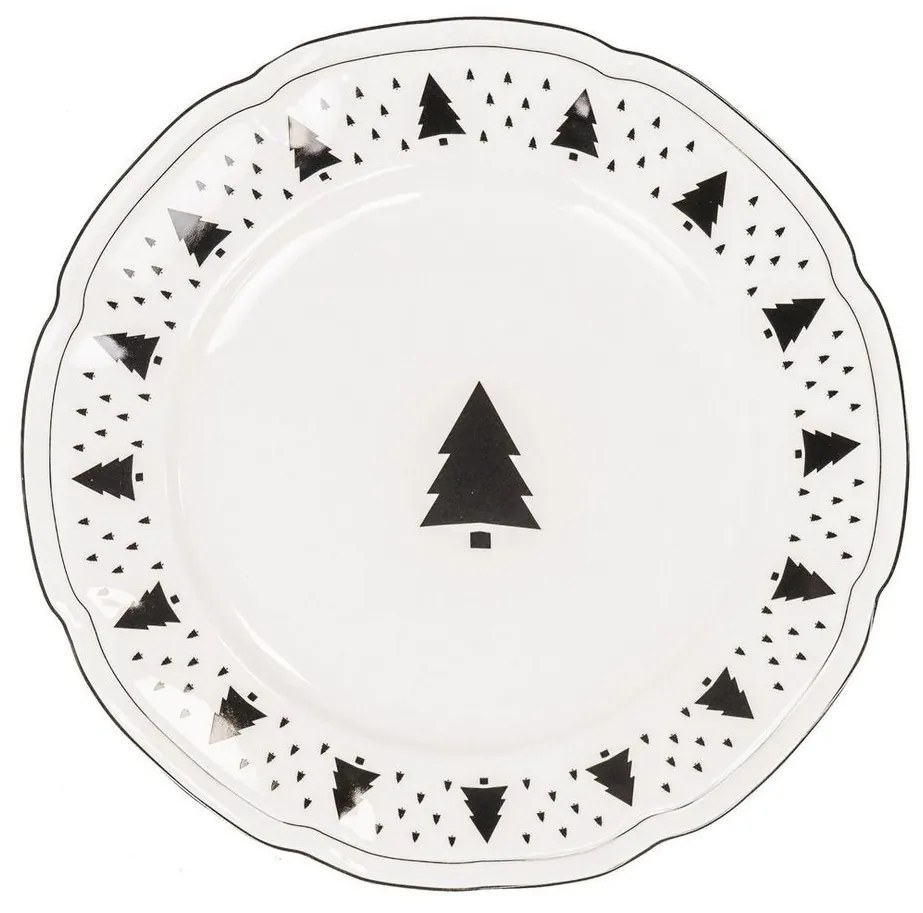 Bielo-čierny porcelánový jedálenský tanier so stromčekmi X-Mas Tree - Ø 26*1,5 cm