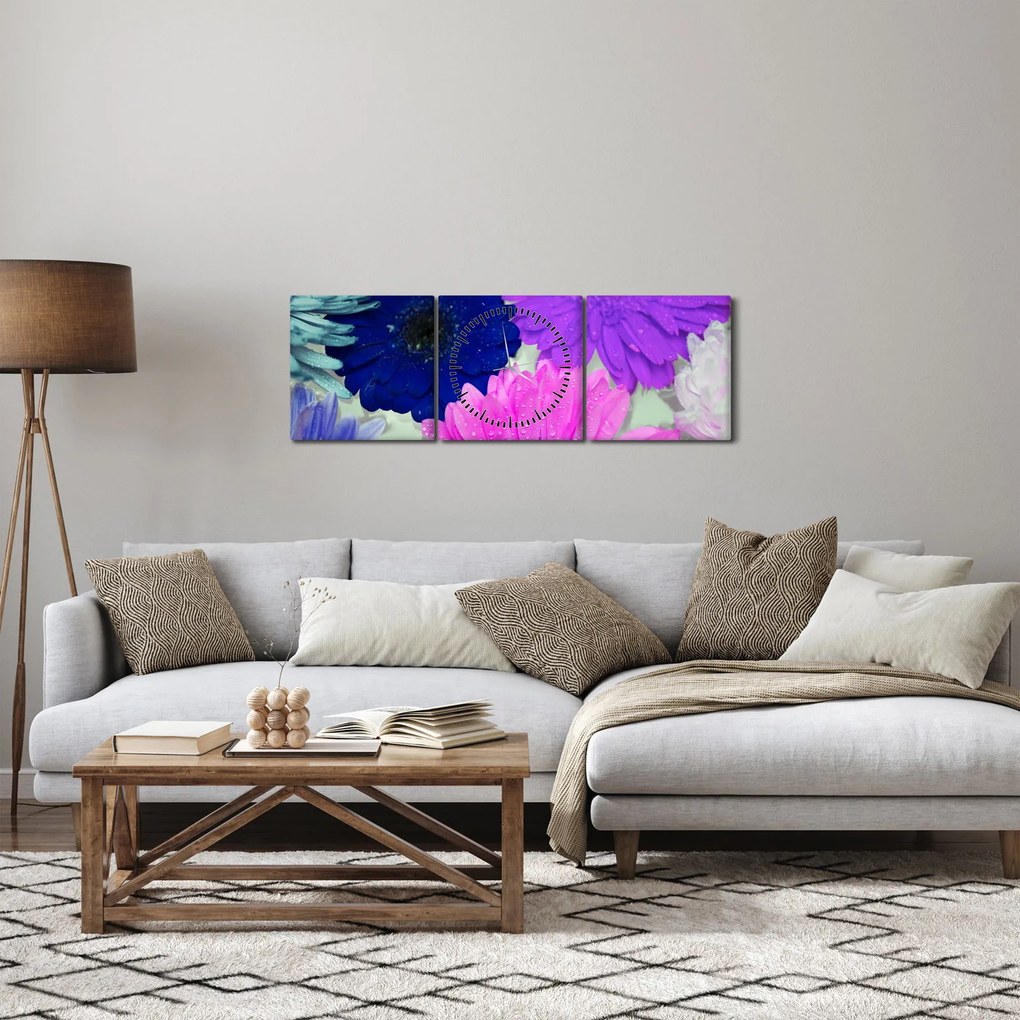 Obraz farebných kvetín (s hodinami) (90x30 cm)