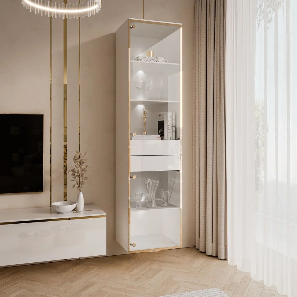 ZÁVESNÁ VITRÍNA NESSIE BIELY LESK + ZLATÁ 45 x 181 cm