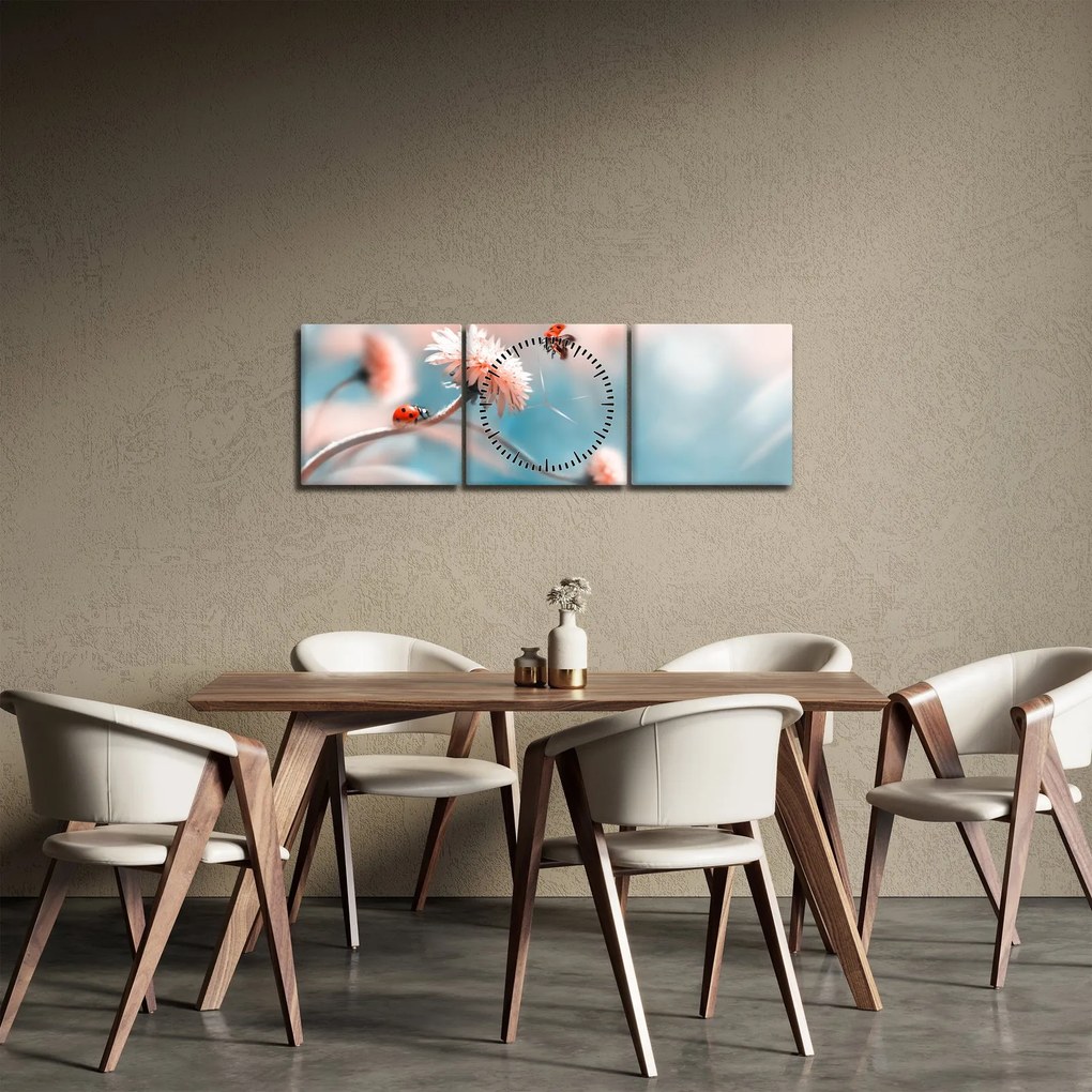 Obraz - Lienky na kvete (s hodinami) (90x30 cm)