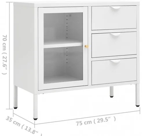 vidaXL Komoda biela 75x35x70 cm oceľ a tvrdené sklo-