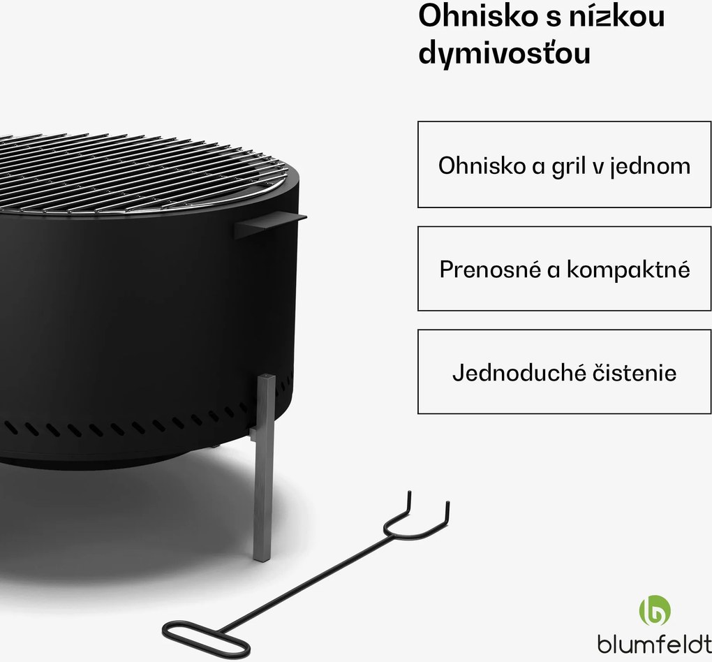 Blumfeldt Ignite Pure ohnisko, nízka dymivosť, grilovací rošt, nehrdzavejúca oceľ, prenosné, kryt proti dažďu, držadlá na prenášanie