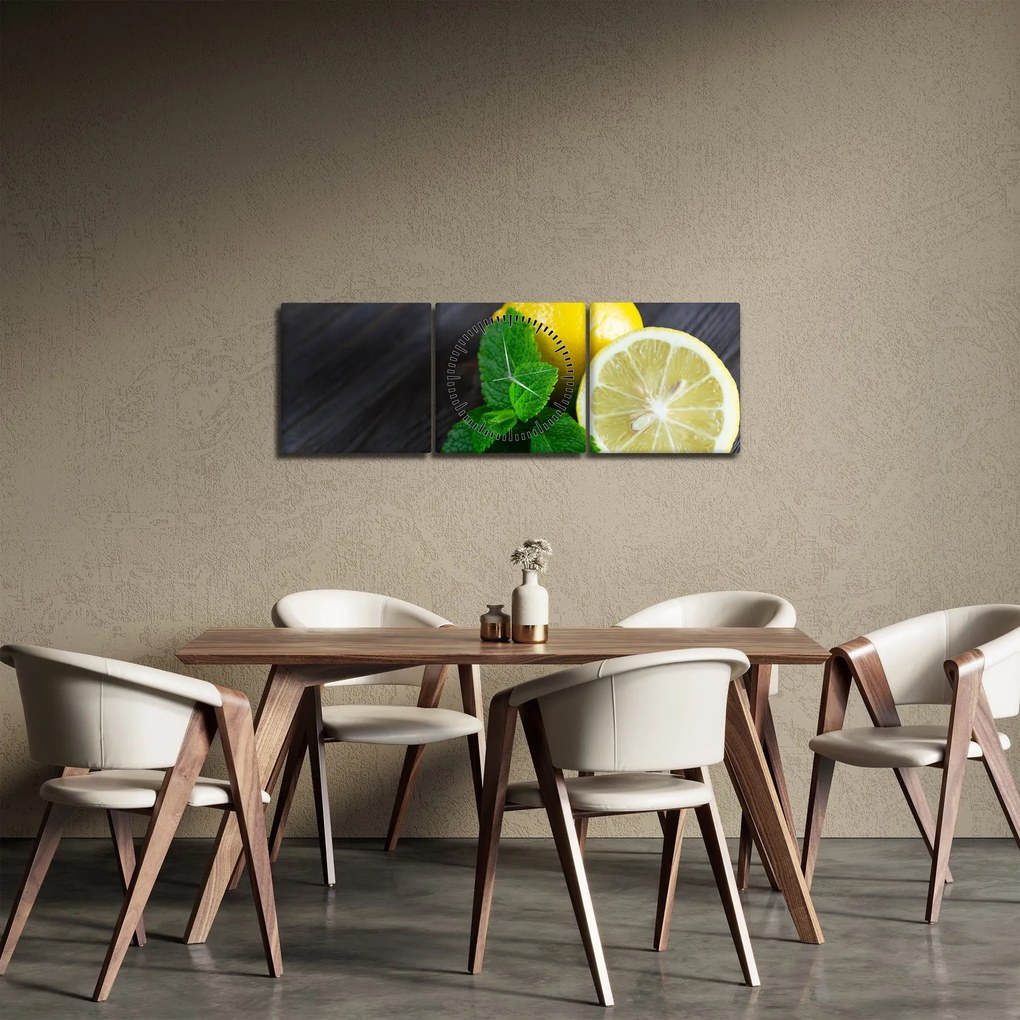 Obraz citrónov a mäty na stole (s hodinami) (90x30 cm)