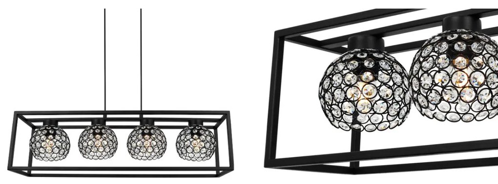 Závesné svietidlo Crystal cage, 4x čierne krištáľové tienidlo v kovovom ráme