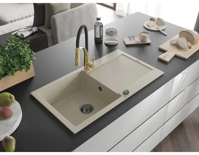 Mexen Leo, granitový drez 900x500x190 mm, 1-komorový a drezová batéria Aster, béžová, 6501-69-73450-57-B