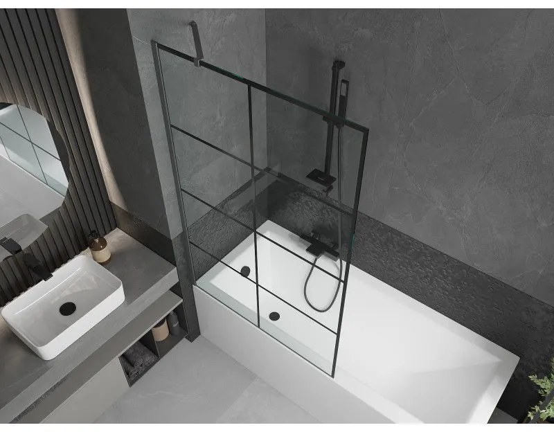 Mexen Next, 1-krídlová vaňová zástena 100 x 150 cm, 6mm číre sklo - čierny vzor, grafitová, 895-100-000-00-77-95