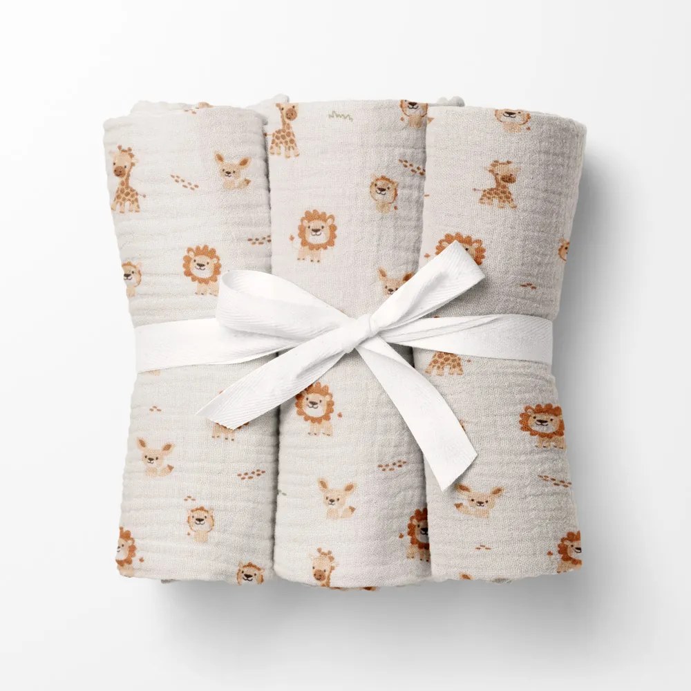 Biante Mušelínová plienka/dečka Nature MSN-084 Safari zvieratká na krémovo bielom - ZVÝHODNENÁ SADA 3 KS 70x70 cm - Sada 3 ks
