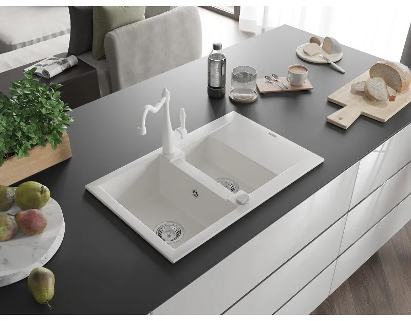 Mexen Pablo, granitový drez 752x436x161 mm, 1-komorový a drezová batéria Carla, biela, 6510-20-670700-20