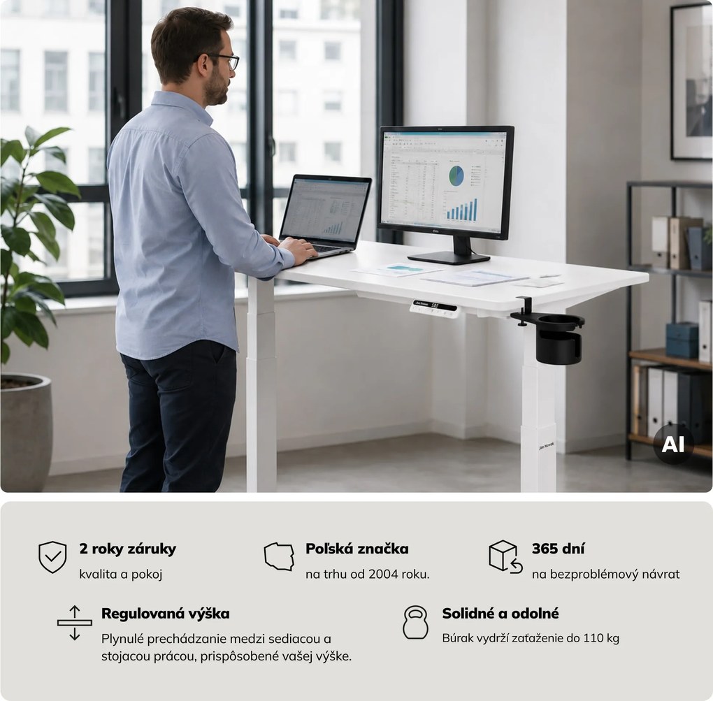 Elektrický stôl s nastaviteľnou výškou ergonomický biely,1200x600 mm: ARIA