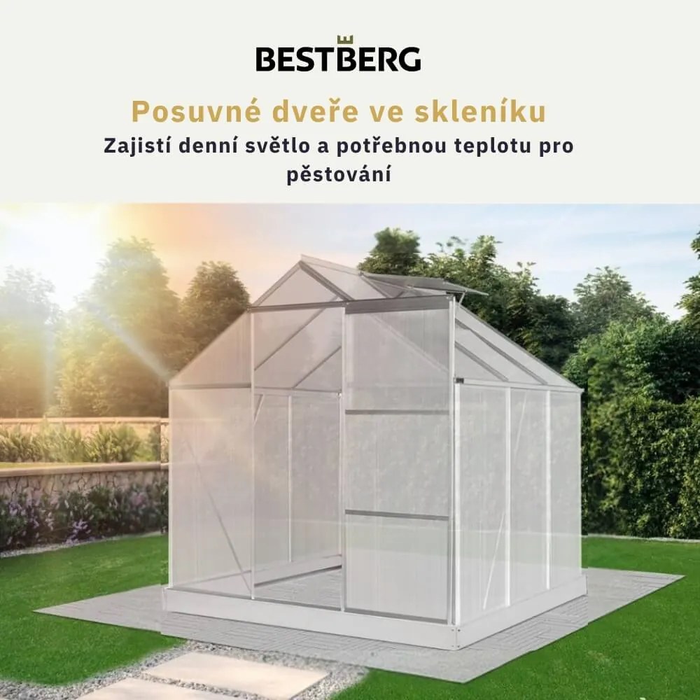 Skleník so základňou BestBerg SBP-4 / 3,6 m² / 190 x 190 x 201 cm / strieborná