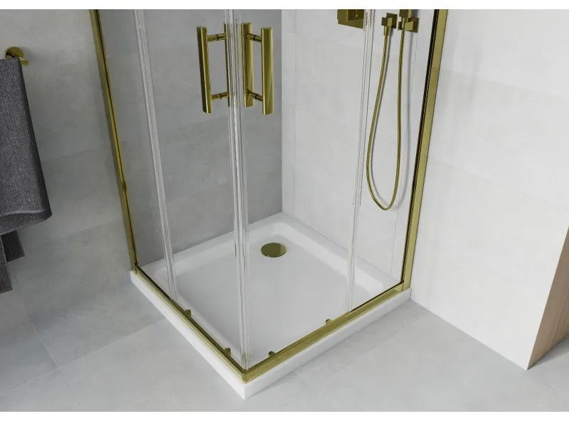 Mexen Rio, štvorcový sprchovací kút s posuvnými dverami 70(dvere) x 70(dvere) x 190 cm, 6mm číre sklo, zlatý profil + sprchová vanička SLIM so zlatým sifónom, 860-070-070-50-00-4010G