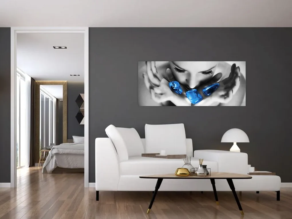 Obraz portrétu ženy s kameňmi (120x50 cm)