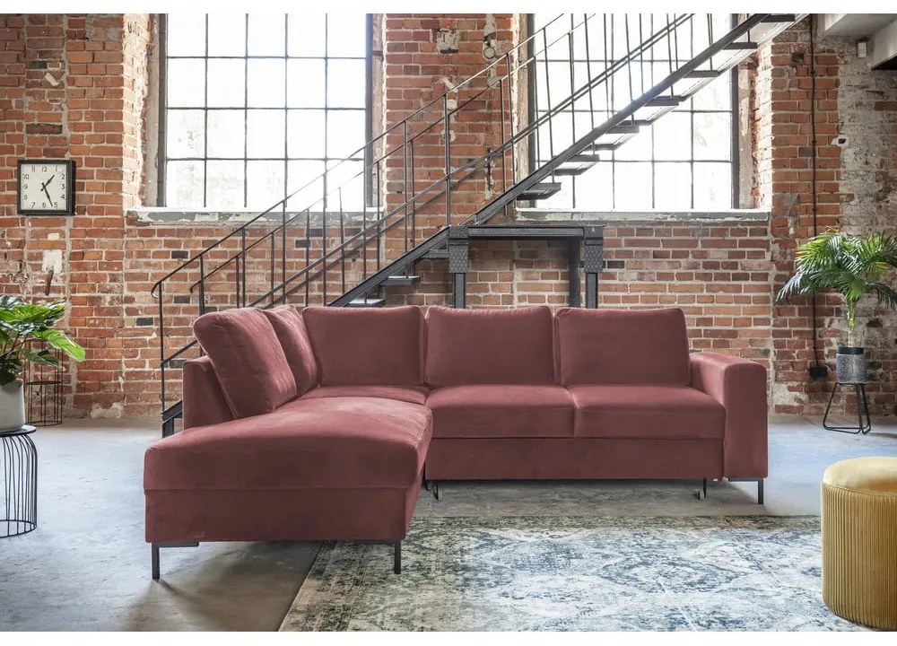 Ružová zamatová rozkladacia rohová pohovka (ľavý roh) Lofty Lilly – Miuform