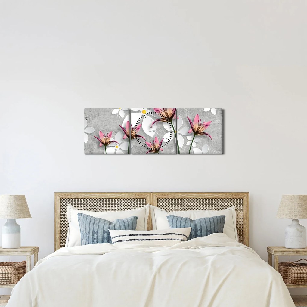Obraz kvetinové abstrakcie (s hodinami) (90x30 cm)