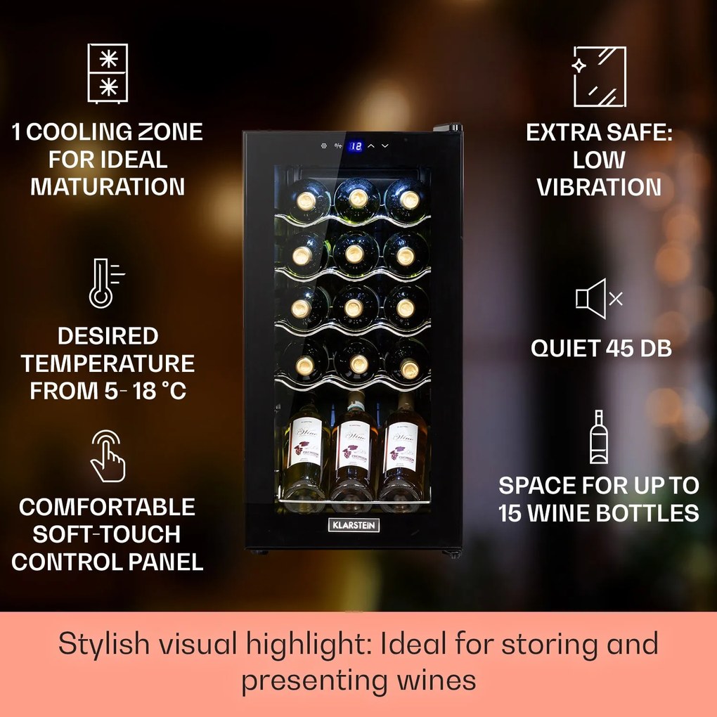 Klarstein Shiraz 15 Slim Uno, vinotéka, 44 l, 135 W, 5–18°C, dotykové ovládanie, čierna
