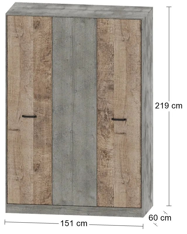 Trojdverová šatníková skriňa Bova W-3D - pieskový dub / woodcon