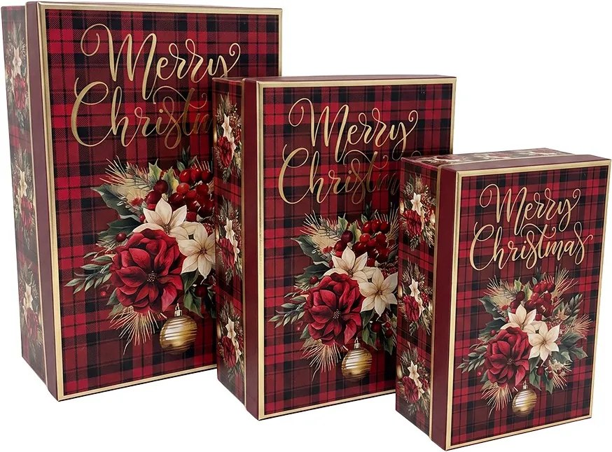 Súprava 3ks vínových papierových boxov Merry Christmas – 28*20*12 / 26*18*10 / 24*16*9 cm