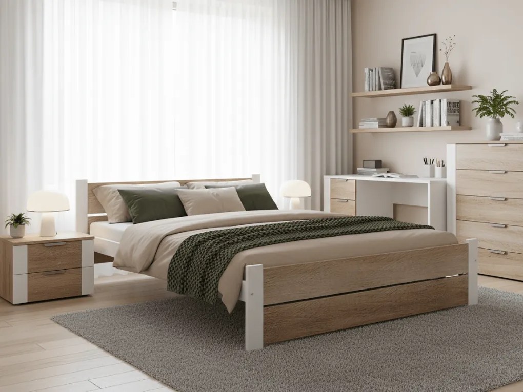 Posteľ IKAROS DOUBLE 180 x 200 cm, biela/dub sonoma Rošt: S latkovým roštom, Matrac: Matrac SOMMERA 18 cm