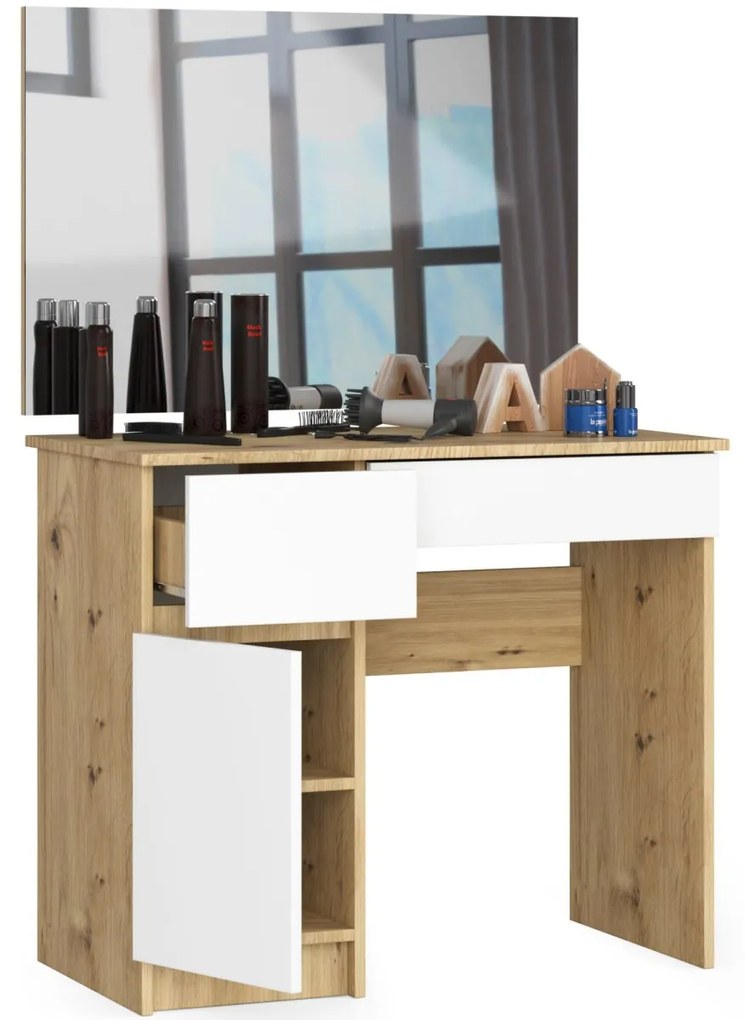 Kozmetický stolík so zrkadlom P-2/SL Aj dub artisan/biely ľavý