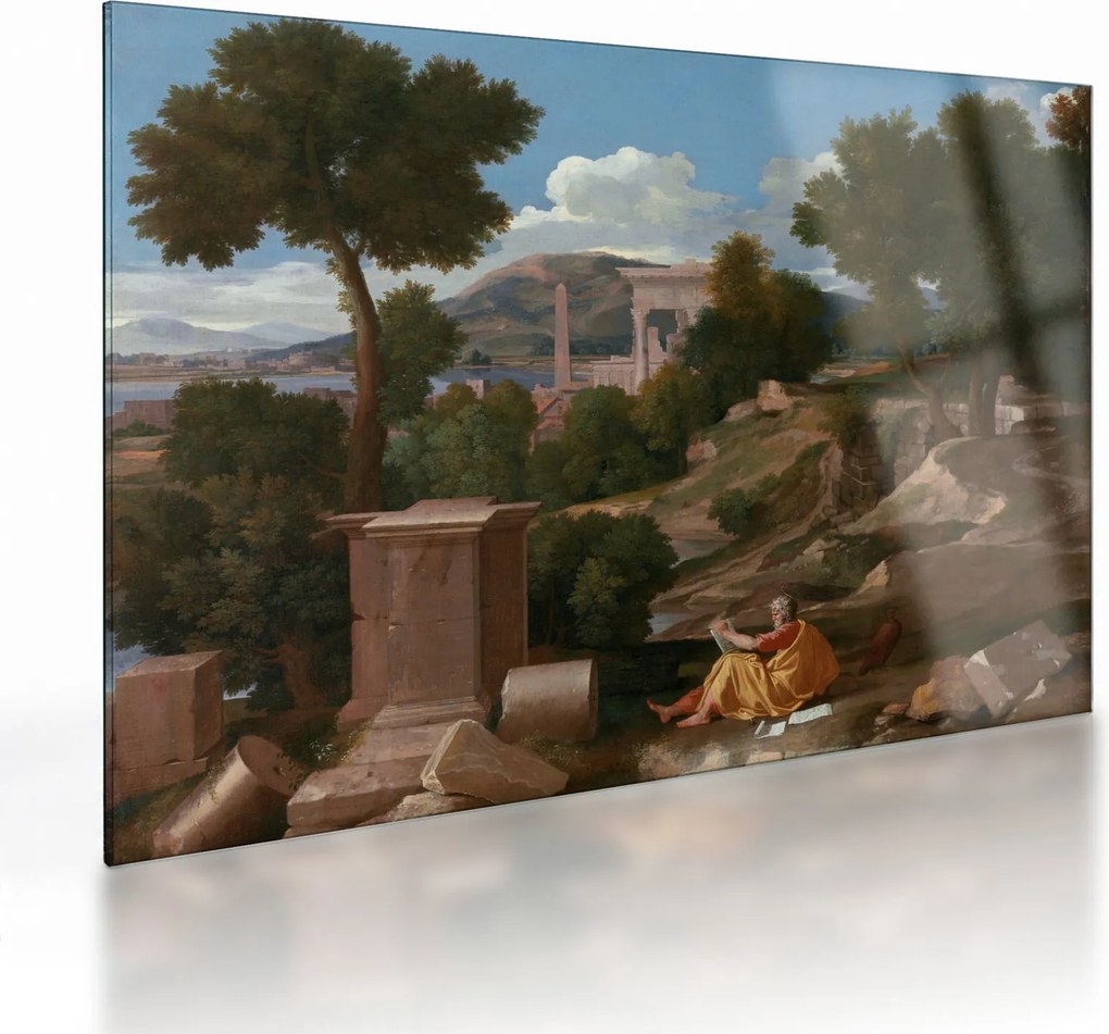 Sklenený obraz - Nicolas Poussin, Landscape with Saint John on Patmos, reprodukcia (70x50 cm)