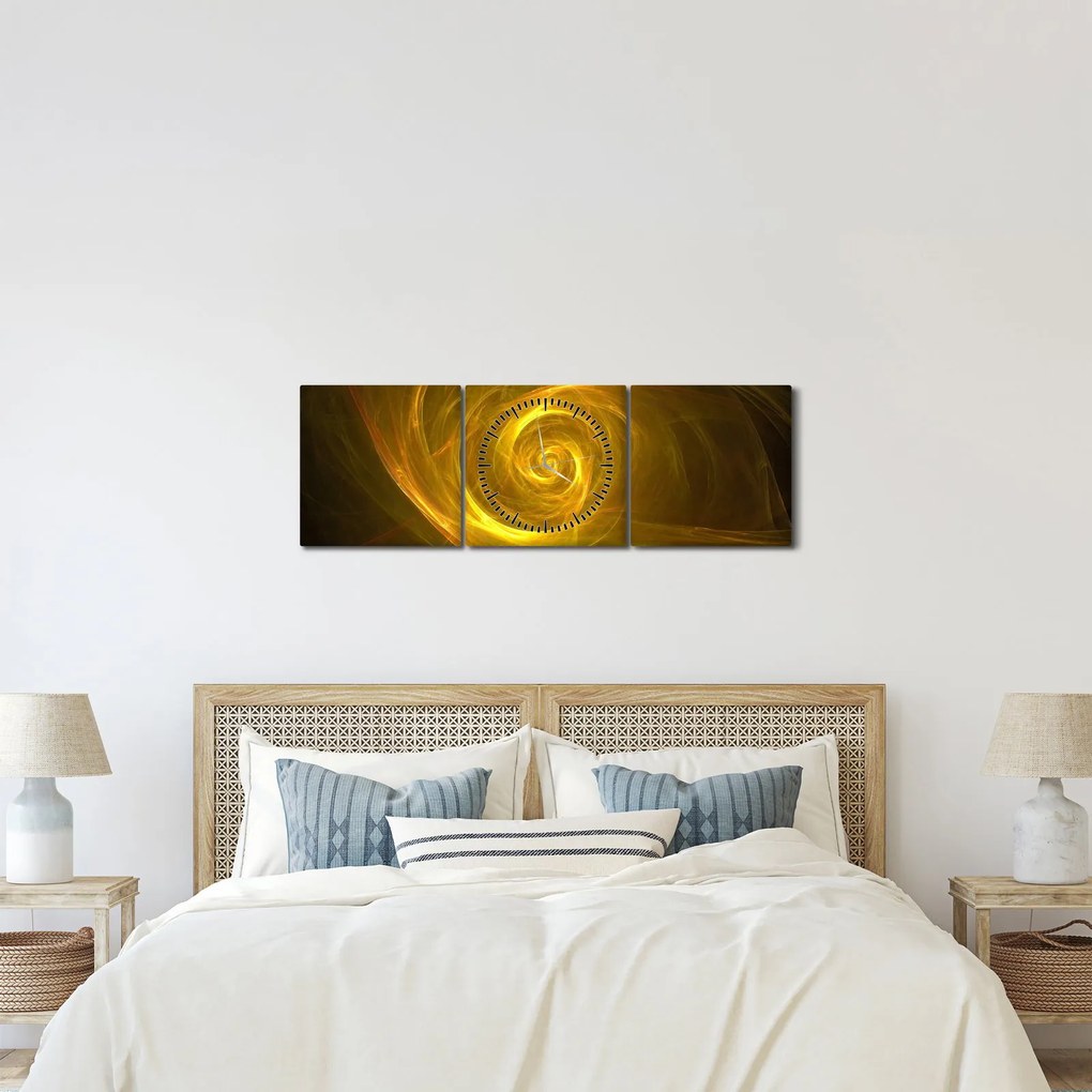 Obraz abstraktnej žltej špirály (s hodinami) (90x30 cm)