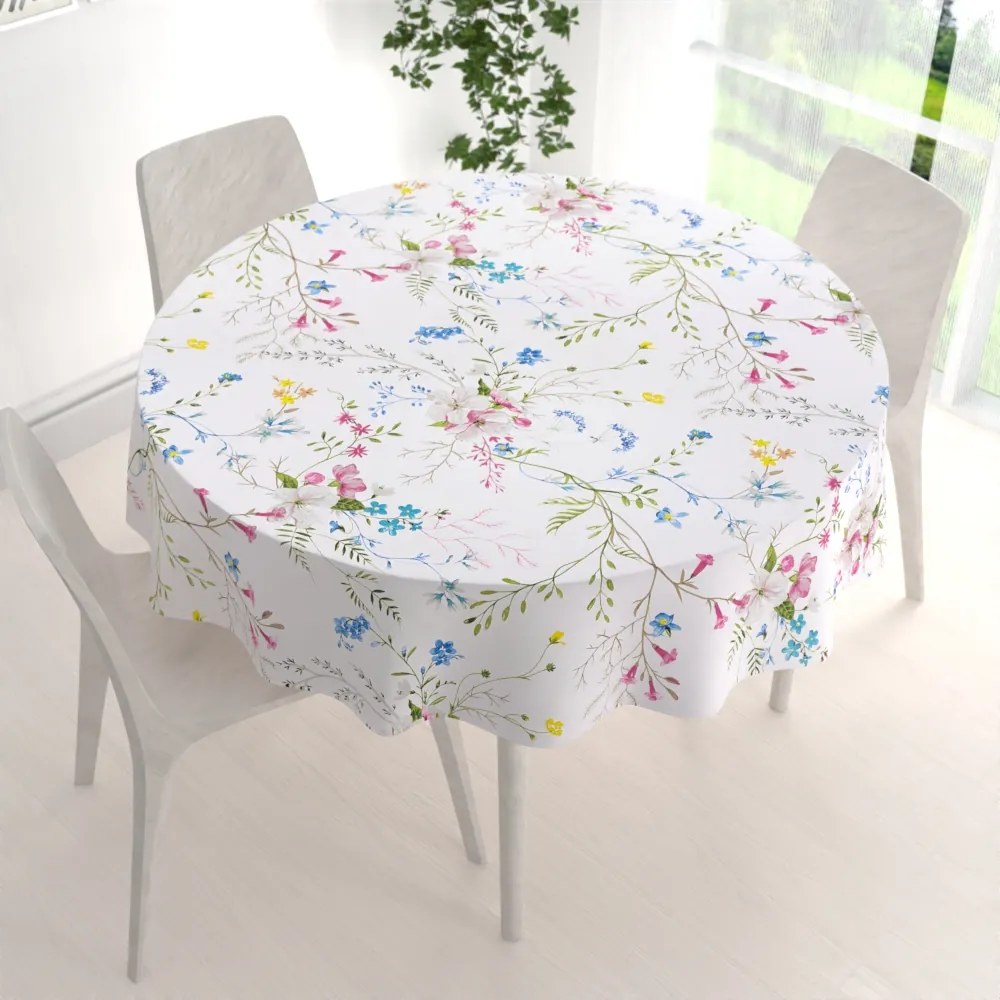 Biante Bavlnený okrúhly obrus Sandra SA-453 Modro-ružové kvety na bielom Ø 150 cm