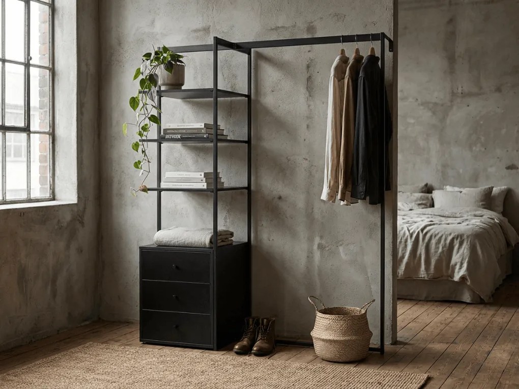 Stojan na oblečenie s regálom ARDEO 150x180 cm, čierny