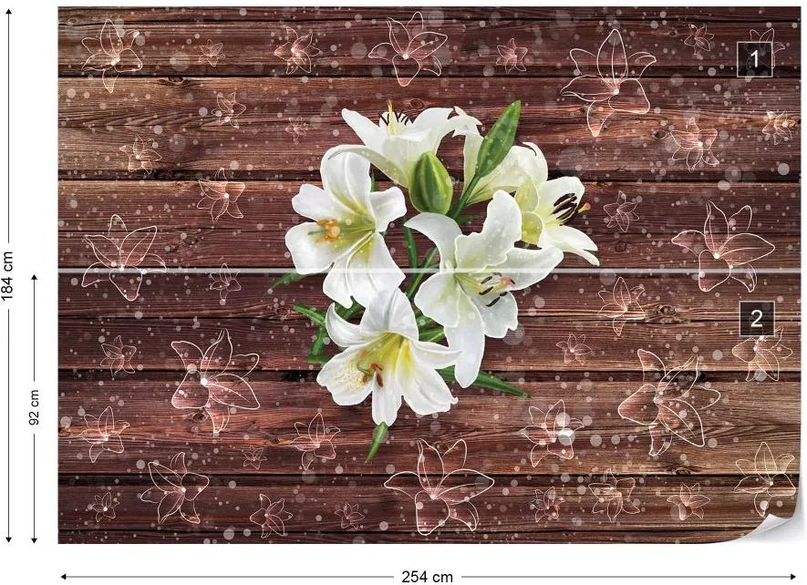 GLIX Fototapeta - White Flowers Wood Plank Texture Vliesová tapeta  - 254x184 cm