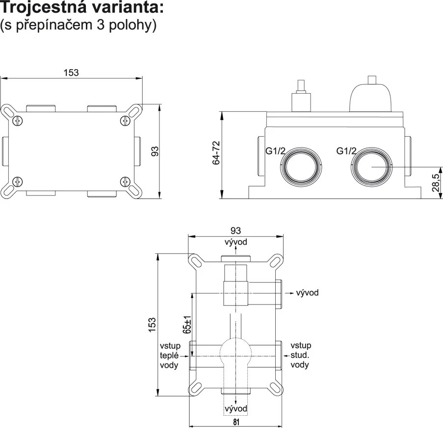 Mereo Pego, sprchová podomietková batéria s trojcestným prepínačom, Mbox, hranatý kryt, chróm, MER-CB60157PC