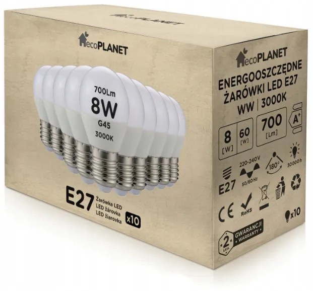 10x LED žiarovka E27 - G45 - 8W - 700lm - teplá biela