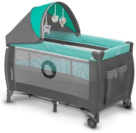 Lionelo - Cestovná postieľka SVEN PLUS šedá/tyrkysová