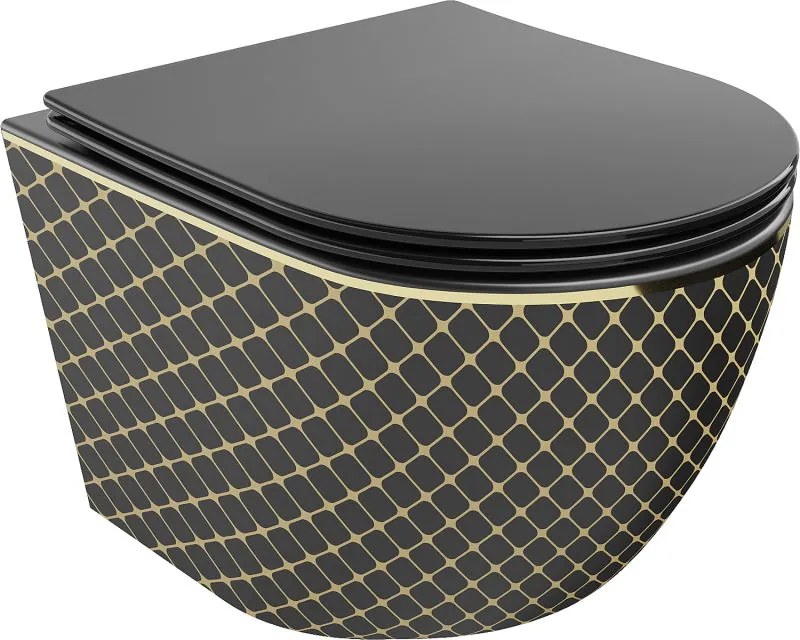 Mexen Lena WC misa Rimless s pomaly padajúcim sedátkom, duroplast, Čierna/Zlatá mriežkový vzor - 30224079