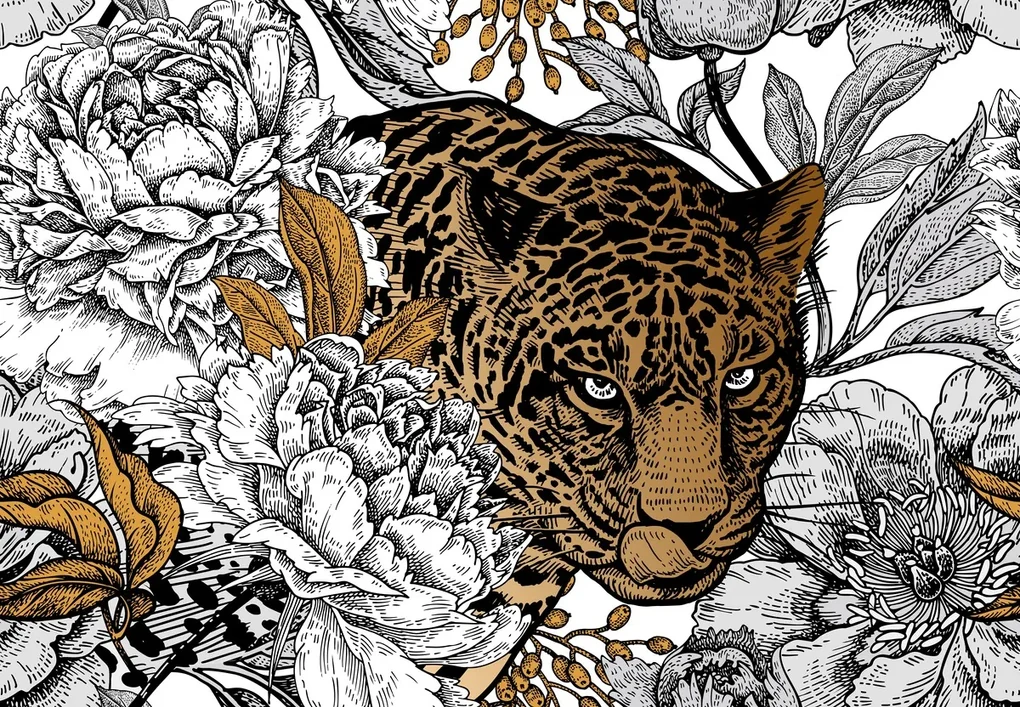 Fototapeta - Leopard v pivonkách (147x102 cm)
