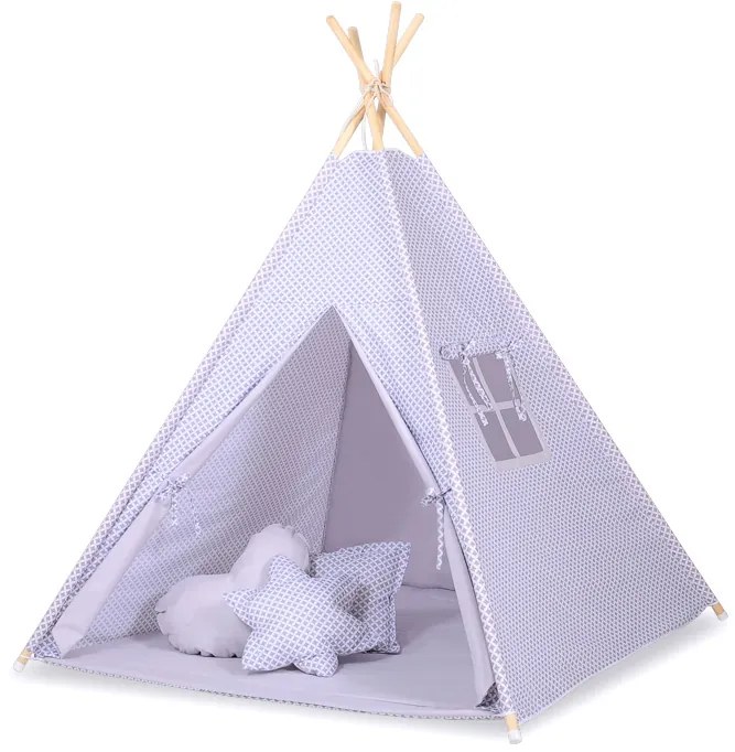 Bobono Stan Teepee pre deti + podložka na hranie + dekoratívne pierka - sivé kvety