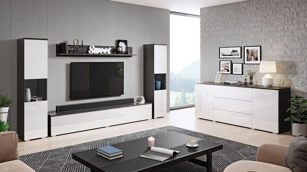 Obývačkový nábytok Bamisio II, Farby: biela / šedý lesk, Osvetlenie: bez osvetlenia