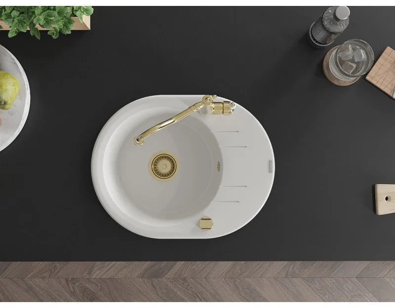 Mexen Kevin, drez granitový 586x458x190 mm, 1-komorový a drezová batéria Carla, biela, 6517-20-670700-50