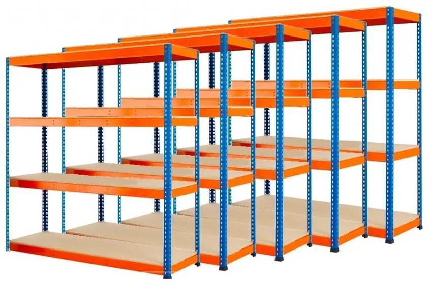 Fistar !!! Akčný balíček : 5x Regál 1800x1800x500 mm PROFESIONÁLNY lakovaný 4-policový, nosnosť 1600kg - MODRO-ORANŽOVÝ