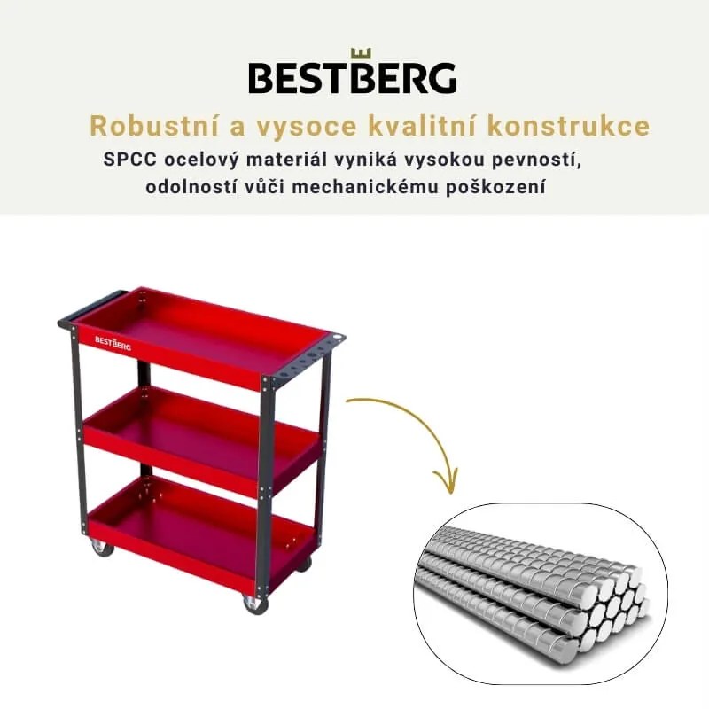 Kovový pojazdný dielenský vozík s 3 policami BestBerg BBTC-301 / SPCC steel